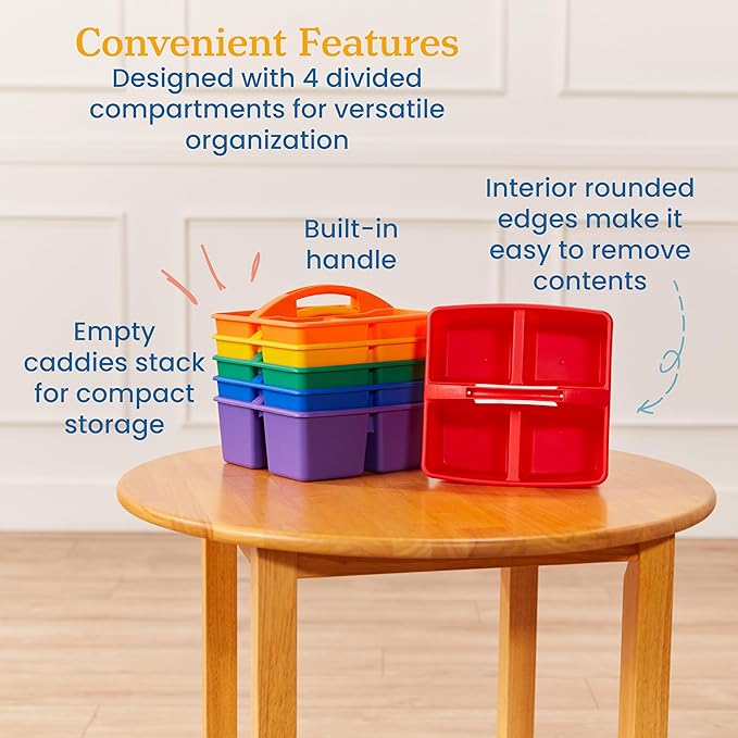 ECR4Kids 4-Compartment Medium Plastic Caddy, Multipurpose Organization, Primary, 6-Pack