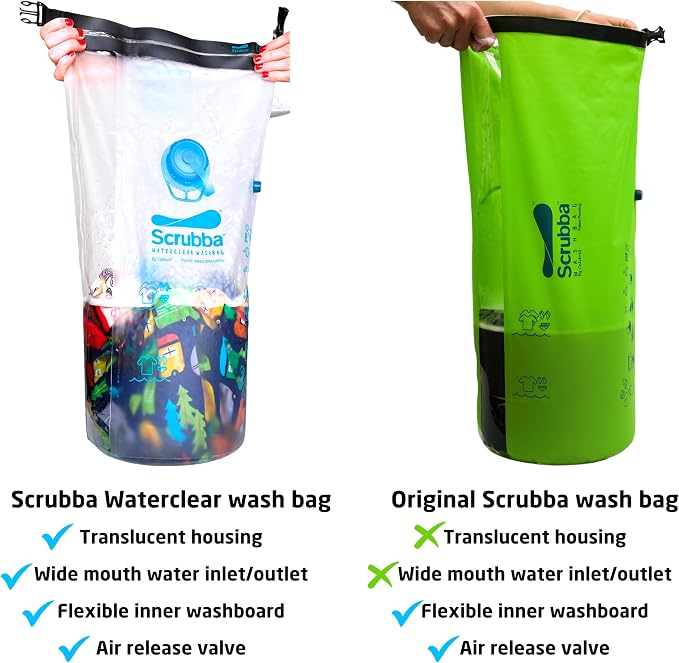 Scrubba WATERCLEAR Wash Bag - Patented Washboard-in-a-Bag™ Portable Manual Washing Machine for Travel, Camping, Backpacking & Cruise - Larger Water Inlet/Outlet for Easy Rinsing - (6.9 oz)