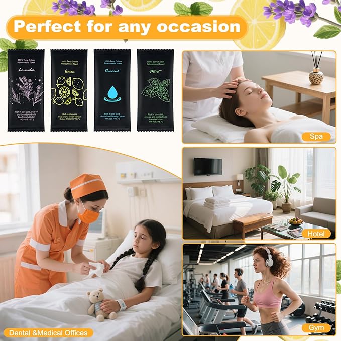 Moist Cotton Towel Bulk Moist Towelettes Individually Wrapped 8.7" x 8.7",White Towel Services,Refreshment Pre Moistened Towels Lavender,Lemon,Mint and Unscented for Sport Party Spa (pack of 100)