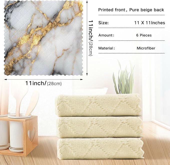 ALAZA Dish Towels Kitchen Cleaning Cloths White Gold Marble Dish Cloths Absorbent Kitchen Towels Lint Free Bar Tea Soft Towel Kitchen Accessories Set of 6,11"x11"
