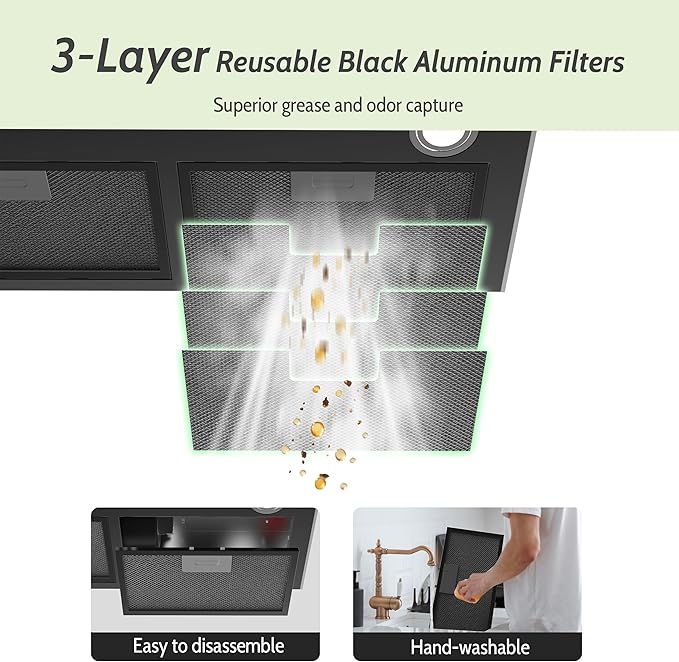 FIREGAS Black Range Hood 28 Inch, Built-in Kitchen Vent Hood with 450 CFM, 3 Speed Exhaust Fan, 2 LED Lights & Button Control, Ducted/Ductless Convertible
