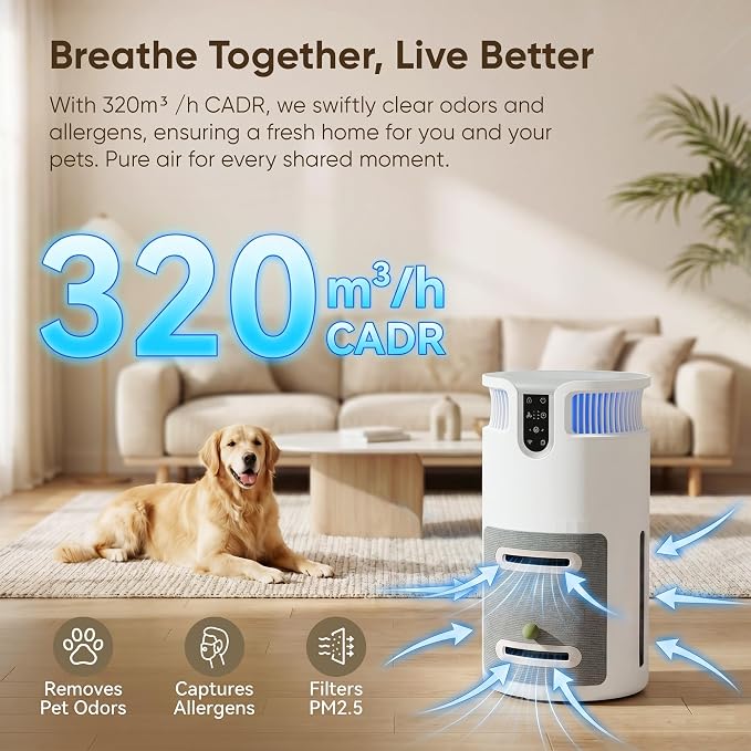 Greesum Pet Air Purifier for Cats, 320m³/h CADR Smart Air Cleaner with Cat Scratcher & Catnip Ball, 4-Color PM2.5 Indicator, App Control, Child Lock, Washable Body, Odor & Pet Hair Removal for Home