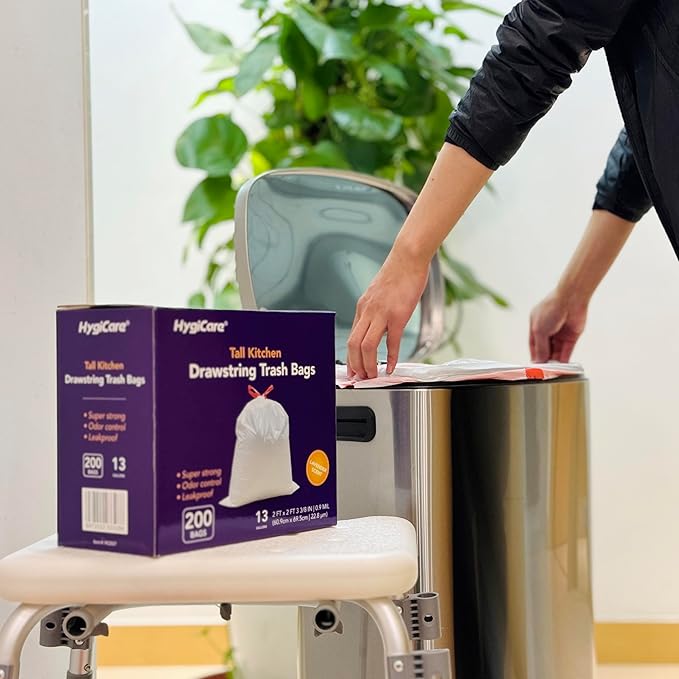 HygiCare 13 Gallon Tall Kitchen Trash Bags, Lavender Scented 200 Count Drawstring Garbage Bags, Pre-Separated, Odor Control, Ultra Strong, Leakproof, Sturdy, White