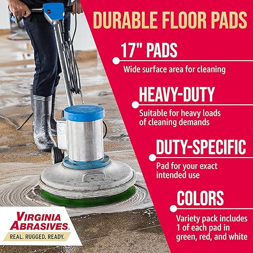 Virginia Abrasives 17" Heavy-Duty Stripping Pads – Thick Non-Woven Floor Pads for Floor Maintenance, Cleaning, Polishing & Synthetic Floor Care with One Each: Green, Red & White Pad (3-Pack)