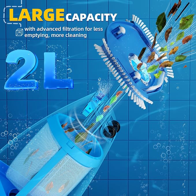 Cordless Pool Vacuum, 1950 GPH Powerful Suction, Handheld Pool Cleaner with Telescopic Pole, 60 Min Runtime, 2L Large Capacity, Rechargeable for Above Ground & Inground Pools, Spas & Hot Tubs