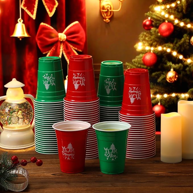 Sliner 100 Pcs 16 oz Christmas Disposable Cups Bulk Plastic Coffee Team Naughty or Nice Plastic Disposable Drinking Cups for Party Drinks Supplies