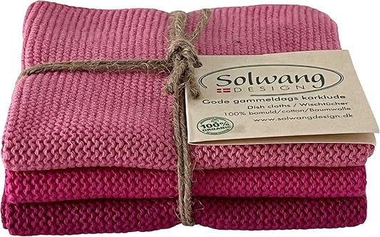 Solwang 3-Piece Danish Cotton Dishcloths in 100% Certified Organic Cotton Made in India (Pink Organic Combi)