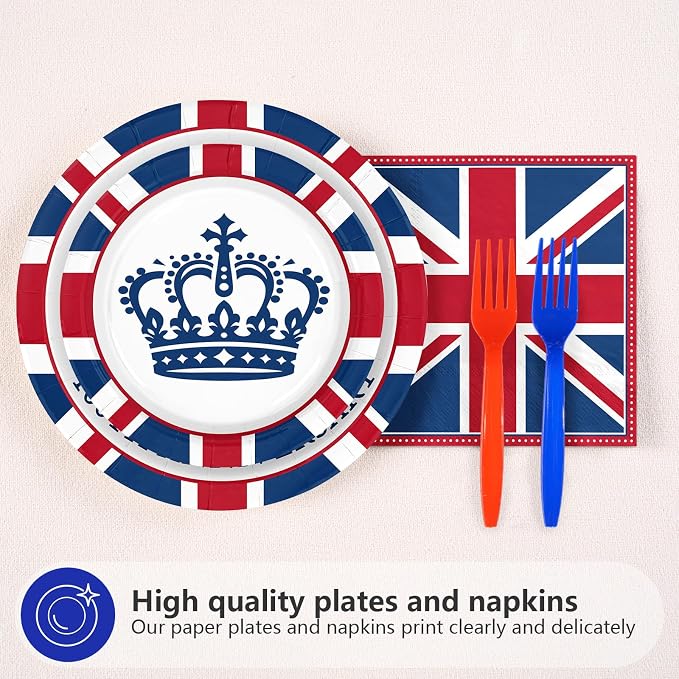 96Pcs Britain Party Decorations Britain UK England Flag Plates and Napkins Sets Union Jack 100th Anniversary Decorations for The Birth of Queen 100th Anniversary Party Supplies Serves 24