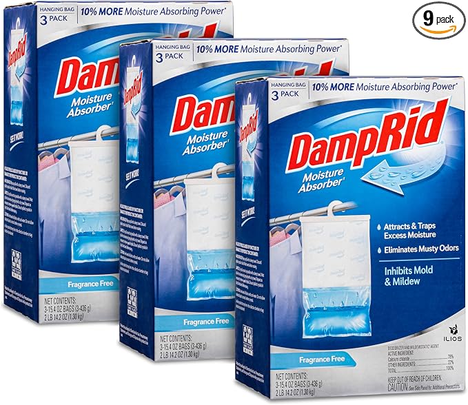 Damp Rid Hanging Bag Moisture Absorbers for Closet – Humidity Absorber & Odor Eliminator, Moisture Bags 3 Pack (15.4 oz Each), Fragrance Free– Ilios Packaging