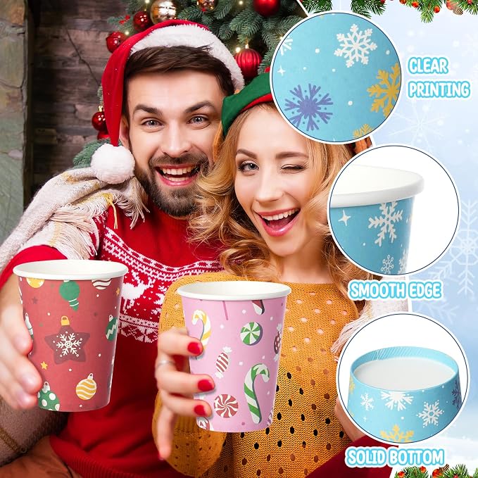 100 Set Christmas Coffee Paper Cups with Lids 12oz, Bulk Disposable Colorful Party Cups, 5 Styles Xmas Holiday Cups for Hot Chocolate Cold Drinks Christmas New Year Winter Party Supplies Decorations