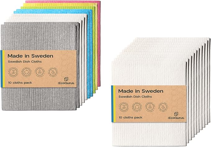 Swedish Dishcloths - 20 Pack (Assorted & White), Multi-Surface, Eco-Friendly, Reusable, Absorbent, No Odor, Cellulose & Cotton, Made in Sweden.