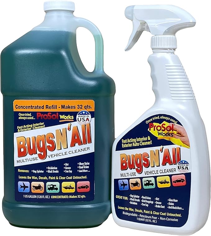 Bugs N' All Multi Surface Cleaner Spray Concentrate 1 Gal. w/Empty Cleaning Spray Bottle 32 oz. & Bug Sponge for Car Washing - Mutli-Vehicle Cleaning - Bug & Tar Remover for all Vehicles
