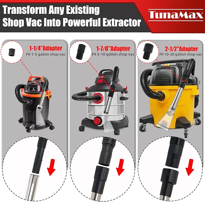 TunaMax Universal Work with All Shop Vacs with 2-1/2" & 1-7/8" & 1-1/4" Three Adapters Clear Extractor Attachment for Carpet Cleaning & Auto Detailing, Extraction Accessory for Wet Vacuum Cleaners