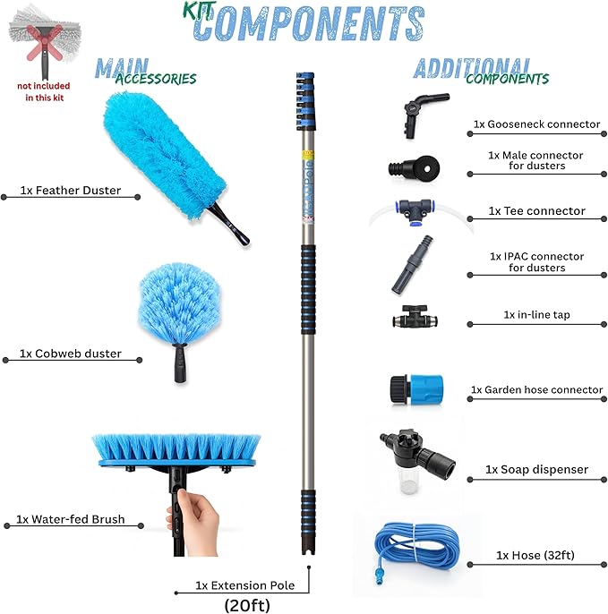 IGADPole 20 FT Water-Fed Cleaning Kit – Extendable Telescopic Pole with Soap-Dispenser, Brush & Cobweb Duster, Adjustable 5-20 FT Handle for Safe High Window, Gutter, Solar Panel & Exterior Cleaning