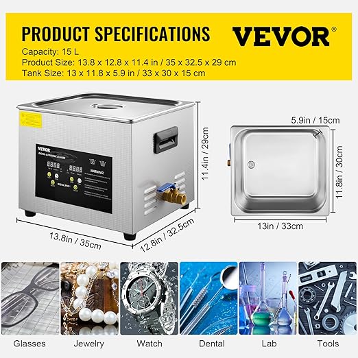 VEVOR 15L Upgraded Ultrasonic Cleaner (600W Heater,360W Ultrasonic) Professional Digital Lab Ultrasonic Parts Cleaner with Heater Timer for Glass Dental Instruments Cleaning