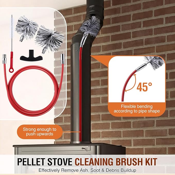 Feekoon Pellet Stove Cleaning Kit, 10 FT Flexible Steel Rod with 3" & 4" Brush Head, Flue Detail Cleaner, Pellet Stove Accessories for Vent Pipes Cleaning - Reduce Buildup & Improve Airflow