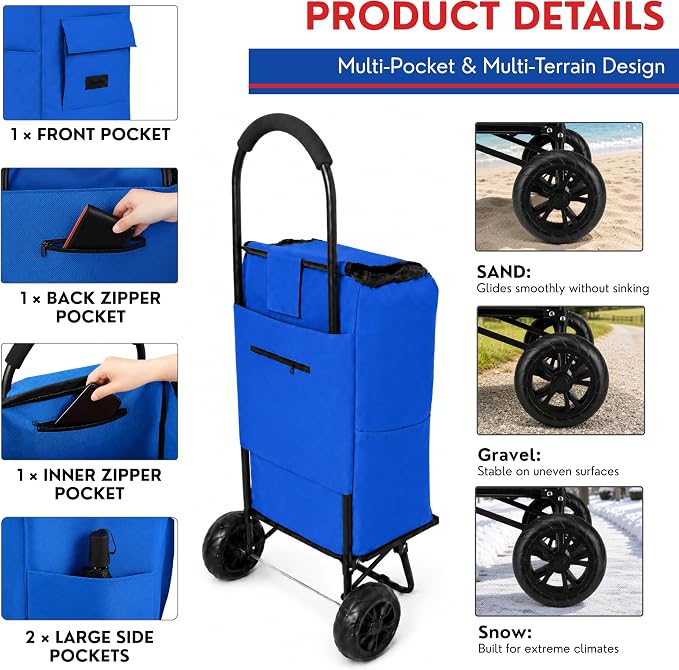 Shopping Cart, Super Loading Grocery Trolley, 220 lbs Capacity, Foldable Cart with Extra Large 55L Shopping Bag Portable Grocery Utility Cart with Adjustable Bungee Cord (Blue)