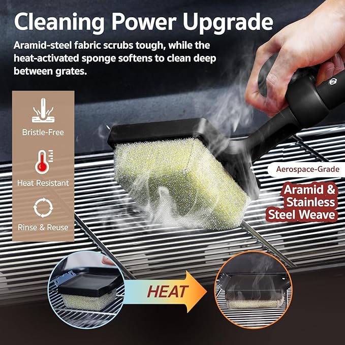 GASPRO Grill Brush Bristle Free for Outdoor Grill, BBQ Grill Cleaning Brush with Replaceable Scrub Sponge Head & Scraper, Ergonomic Handle, Safe for Stainless Steel, Cast Iron & Porcelain Grate