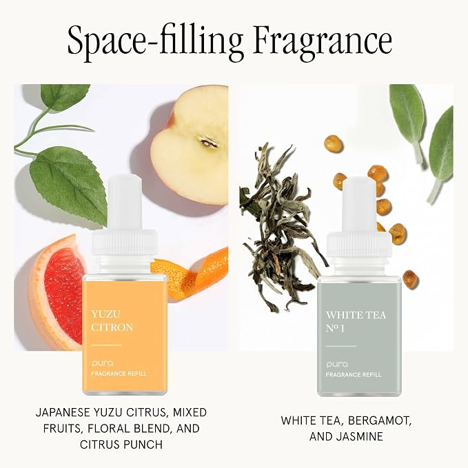 Pura - Smart Home Fragrance Device Starter Set - Pura 4 - Scent Diffuser for Home - Includes Fragrance Aroma Diffuser - Square Box, Yuzu Citron and White Tea No. 1 Scent Refills