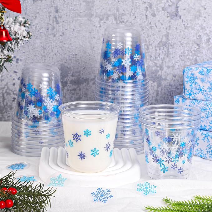 Whaline 50Pcs Christmas Plastic Cups 12 Oz Winter Snowflake Disposable Clear Stemless Wine Cocktail Glasses PET Drinkware Cups Set for Holiday Party Supplies