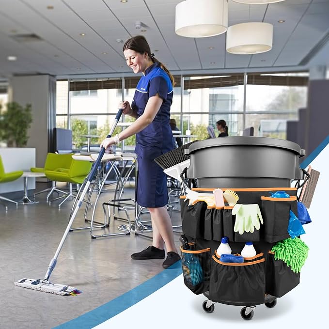 HODRANT Trash Can Caddy Bag Fit 32-55 Gallon Garbage Bin, Cleaning Caddy Bag with Adjustable Buckle for Industrial Trash Can, 13 Pockets Cleaning Tool Organizer for Cleaning Supplies, Orange Edge