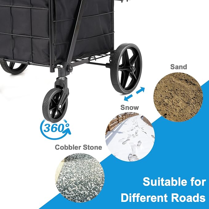 HABUTWAY Grocery Cart on Wheels with Removable Liner, Folding Shopping Cart,Heavy Duty Shopping Carts for Groceries,360° Rolling Laundry Cart,Lightweight Trolley for Seniors 220lb Capacity Black