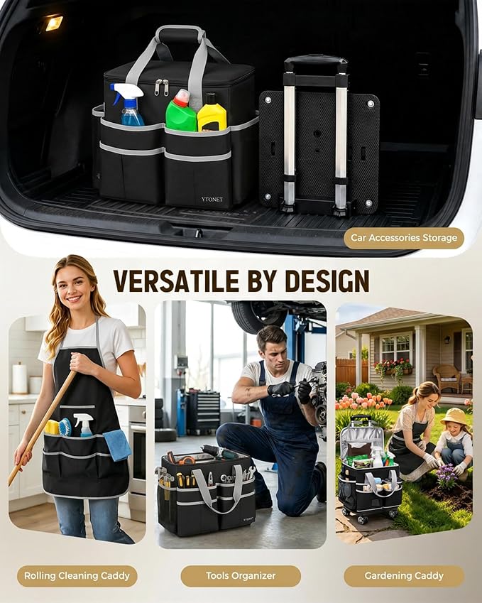 Ytonet Wearable Rolling Cleaning Caddy Bag with Cleaning Apron, Large Cleaning Caddy with 4 Spinner Wheels, Detachable Trolley Portable Cleaning Supplies Organizer Cart for Housekeepers, Utility Bag