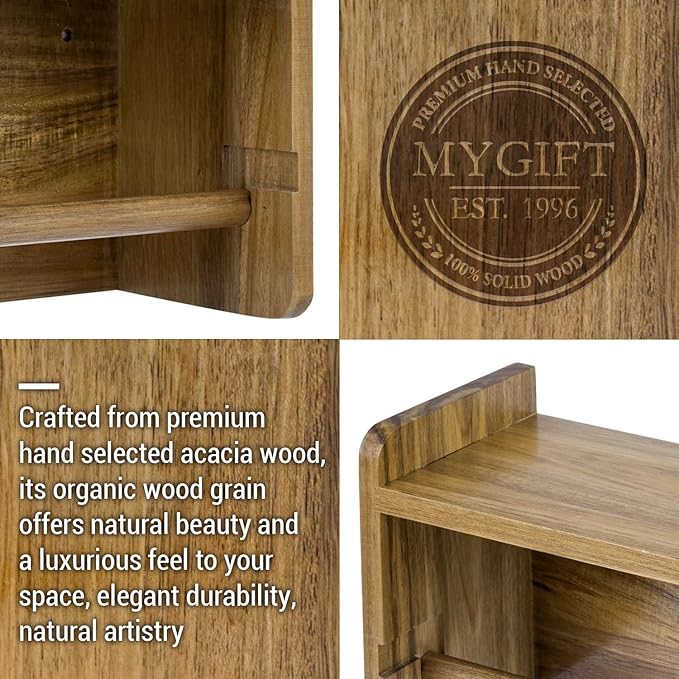 MyGift Hanging Paper Towel Roll Holder, Premium Acacia Solid Wood Farmhouse Wall Mounted Kitchen Napkin Dispenser Rack with Top Storage Shelf Spice Racks