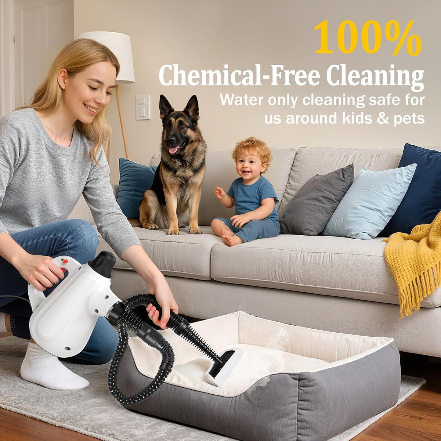 Pressurized Handheld Steam Cleaner with Steam Lock Button & 16 PCS Accessories, Portable Natural Steamer for Deep Cleaning Grout, Tile, Windows, Bathrooms, Kitchens, Car, Fabric for Home Use