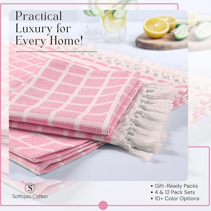 Matrix Dobby Kitchen Towels 12 Pack 100% Cotton, 16x26 Inches, Dish Towels with Knotted Tassels, Reusable and Washable Cloths for Cleaning, Drying Dishes - Rose Pink, Natural