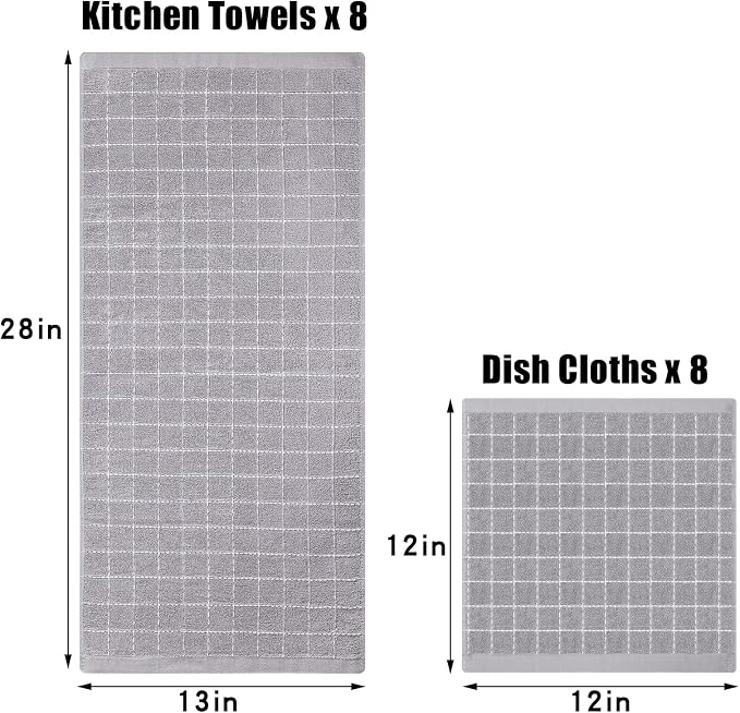 Homaxy Kitchen Towels and Dishcloths Set, 12 x 12 and 13 x 28 Inches, Set of 16 Bulk Cotton Terry Kitchen Towels Set, Checkered Designed, Soft and Super Absorbent Dish Cloths, Light Grey