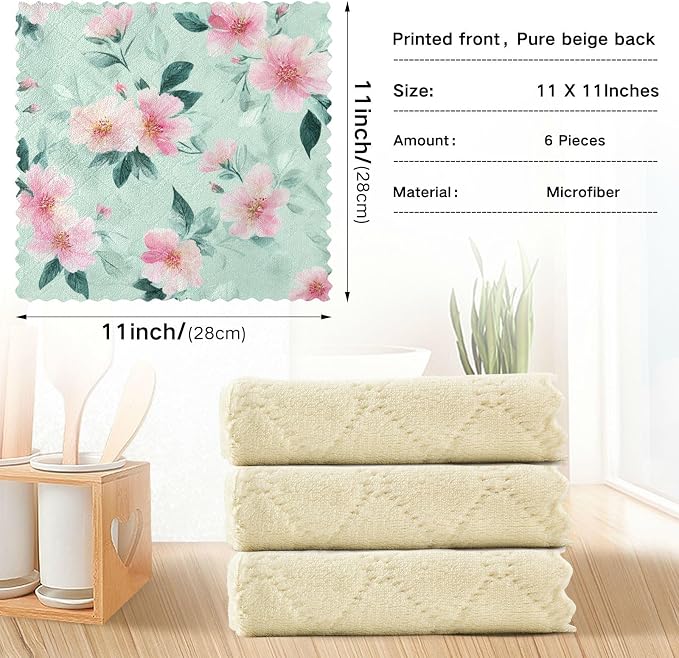 Mint Green Peony Flower Kitchen Towels Dish Cloths Set of 6 Microfiber Cleaning Cloths for Cars Super Absorbent Machine