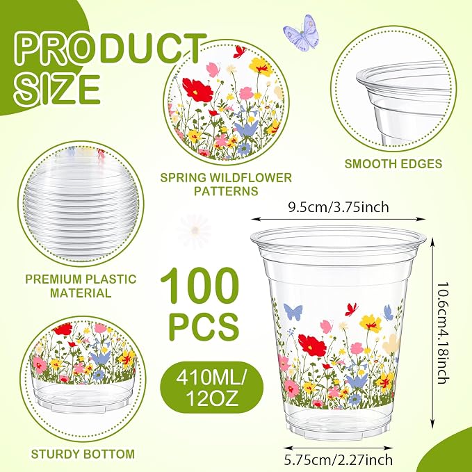 Qinyoung 100 Pcs Plastic Cups 12oz Disposable Cups Bulk Drinking Cup for Cold Drinks Baby Shower Wedding Birthday Valentine's Day Party Supplies (Wildflower)
