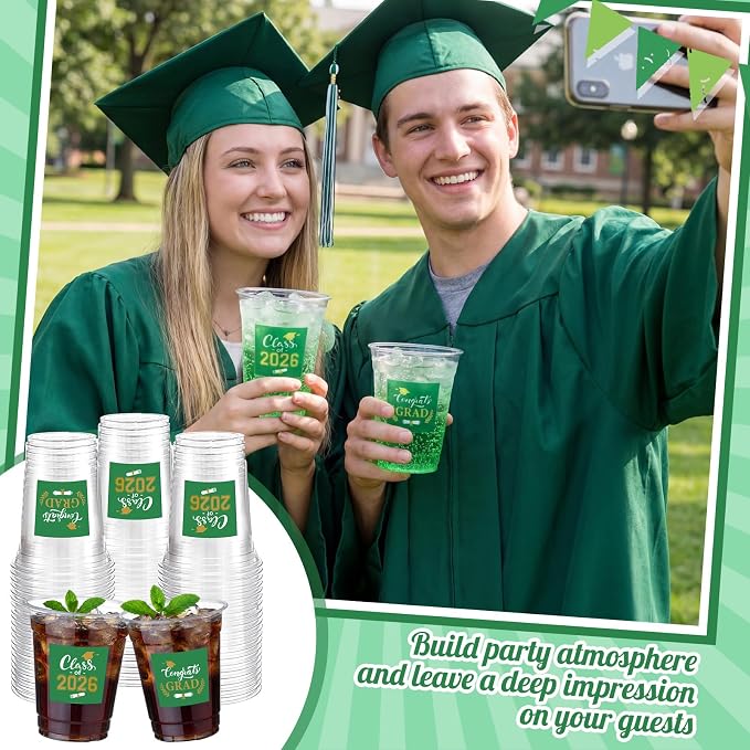 Amyhill 100 Pack 12oz Graduation Cups 2026 Graduation Decorations Disposable Plastic Cups Sturdy&Durable Drinkware for Class of 2026 Decorations Congrats Grad Party Favors Supplies (Green)