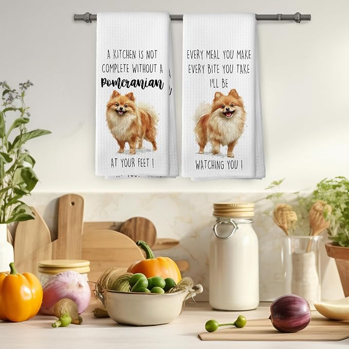 Pomeranian Dog Kitchen Towels Set of 2, Funny Dog Kitchen Decor, Dogs Gifts for Women Men Hand Towel, Pet Owner Gift Decorative Tea Towels Dish Towel 16x24 Inch
