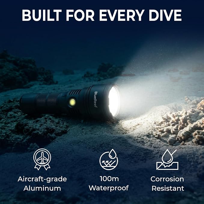 Blue Reef Zoomable 3000 Lumens Scuba Dive Light, 11–73° Adjustable Beam, 4Hr Runtime / 90 Min at Full 3000LM Output – USB-C Rechargeable, 100m Waterproof Diving Flashlight for Scuba & Night Diving