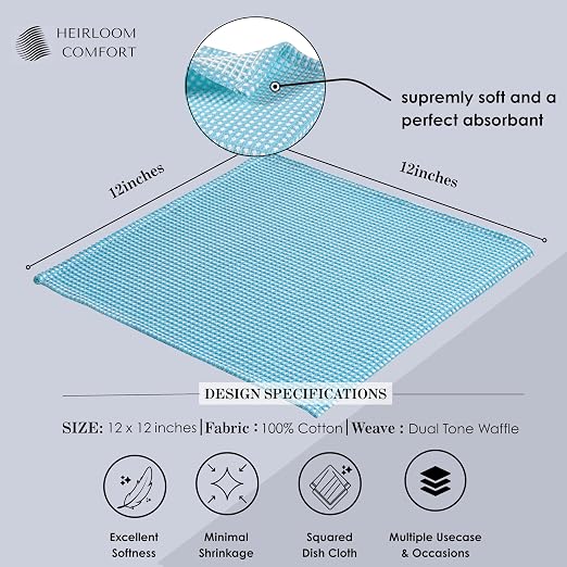 12 Pack Dual Tone Waffle Weave Dish Cloth, 12x12 Inches, 100% Cotton, Super Absorbent, Fast Dry, Durable Dishcloth Set, Soft Hand Towels, Cleaning, Machine Washable, Aqua Blue