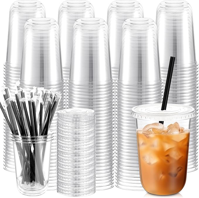 Ziliny 1000 Set Clear Plastic Cups with Lids and Straws, Disposable Iced Coffee PET Cups for Drinking Cold Beverage Juice Parfait Smoothie Milkshake Coffee Shops Party Supplies (16 oz)
