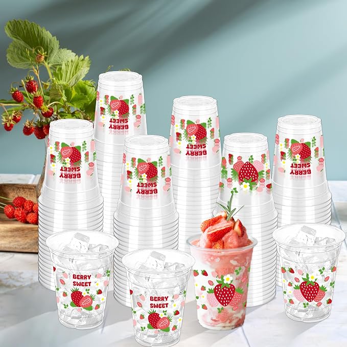 100 Pcs Strawberry Plastic Cups, 12 oz Disposable Cups Pink Clear Strawberry Party Drinking Cups for Summer Spring Party Birthday Baby Shower Supplies