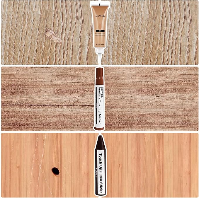 DEWEL Wood Repair Kit 12-Color Repair Paste with Touch-Up Pen & 8-Color Wax Sticks for Floors & Furniture-Fix Scratches, Screw Holes, Peeling Paint, Hide Flaws, Water-Based Repair Pen & Crayon Set