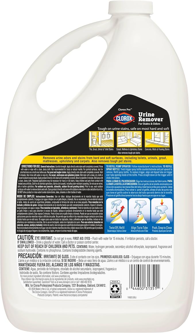 CloroxPro Urine Remover for Stains and Odors Refill, 128 Ounces Each, Pack of 4 (Package May Vary)
