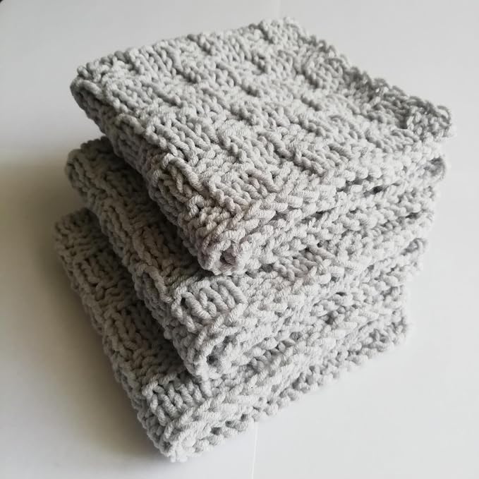 Light Grey Cotton Set 3 Dishcloths Kitchen scowing pad Drink Absorbent Reusable Washcloth Handmade Ecology Rags Knitwear