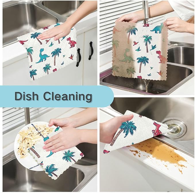 White Dinosaur Hummingbirds Palm Trees Kitchen Towels Dish Cloths Set of 6 Microfiber Cleaning Cloths for Cars Super Absorbent Machine
