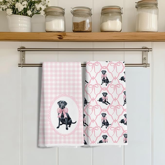 Coquette Pink Bow Black Labrador Retriever Gifts Kitchen Hand Towels for Bathroom，Black Lab Gifts,Coquette Pink Labrador Retriever Dog Girly Bathroom Kitchen Decor,16x24 Inch Set of 2