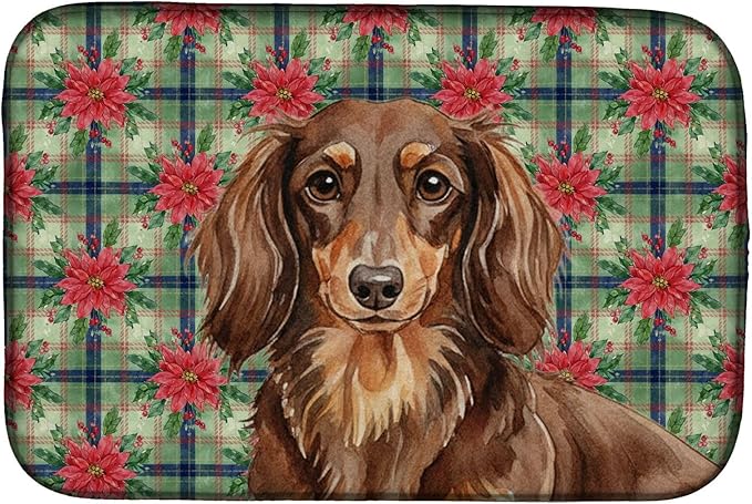 Caroline's Treasures Longhaired Chocolate and Tan Dachshund Christmas PoinsettIas Dish Drying Mat Absorbent Dish Drying Mat Pad for Kitchen Counter Dish Drainer Mat for Countertop, 14 x 21"