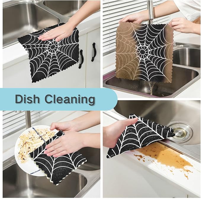 CaTaKu Halloween Cobweb Black Kitchen Cloths, Reusable Rags for Washing, Microfiber Cleaning Cloths Dish Towels Washcloths for Kitchen Drying, 6 Pack