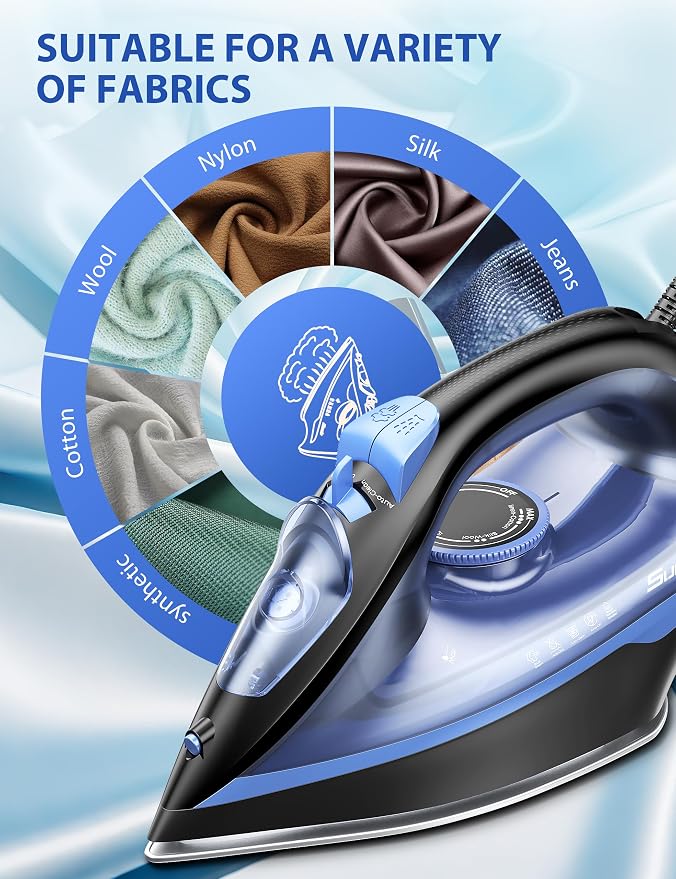 Sundu Steam Iron for Clothes with Rapid Heating Ceramic Coated Soleplate, 1500W with Precise Thermostat Dial, Self-Cleaning, Auto-Off, 15.21oz Water Tank for Home Clothes Ironing Use Dark Blue
