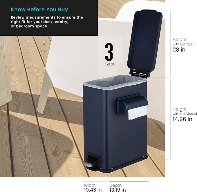Home Zone Living 3 Gallon Slim Rectangular Dog Waste Trash Can with Bag Holder, Stainless Steel, Matte Navy