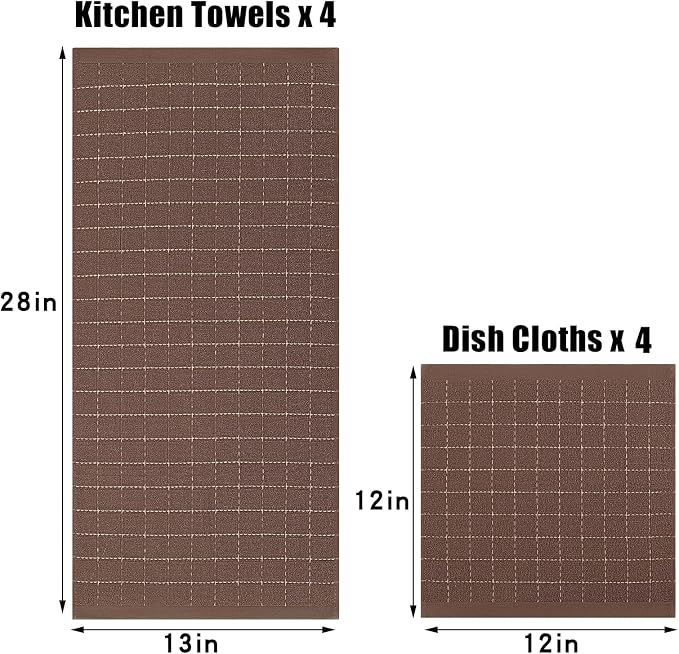 Homaxy Kitchen Towels and Dishcloths Set, 12 x 12 and 13 x 28 Inches, Set of 8 Bulk Cotton Terry Kitchen Towels Set, Checkered Designed, Soft and Super Absorbent Dish Cloths, Brown