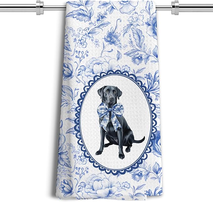 Chinoiserie Black Labrador Retriever Kitchen Towels, Blue and White Floral Black Lab Gifts Dish Tea Towels, Grandmillennial Botanical Dog Hand Towels for Kitchen Bathroom, 16x24 Inch